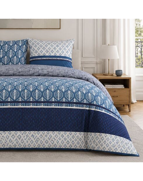Parure housse de couette avec 2 taies d'oreiller en percale de coton Tomy bleue