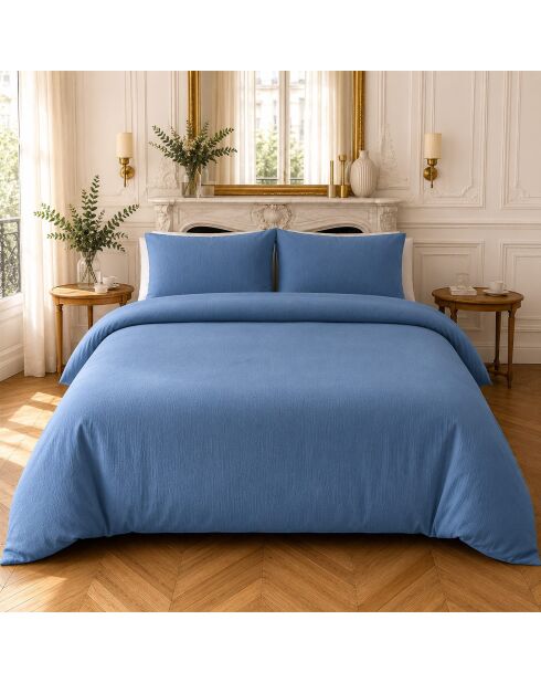Parure housse de couette 100% double gaze de coton bleu mer