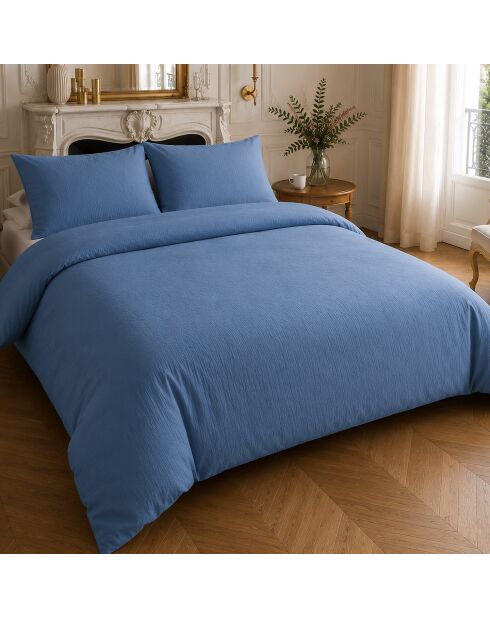 Parure housse de couette 100% double gaze de coton bleu mer