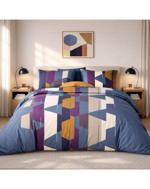 Parure housse de couette avec 2 taies d'orreiler en percale de coton axom bleu profond