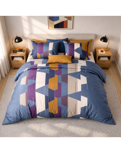 Parure housse de couette avec 2 taies d'orreiler en percale de coton axom bleu profond