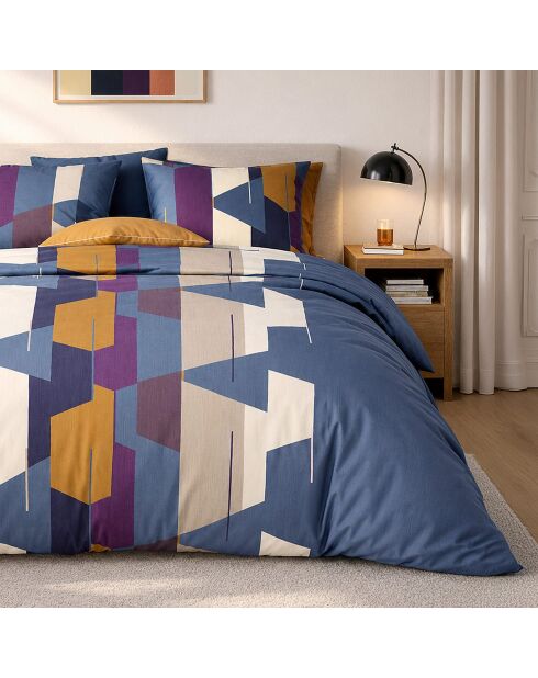 Parure housse de couette avec 2 taies d'orreiler en percale de coton axom bleu profond