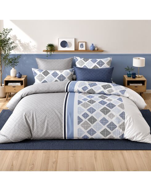 Parure housse de couette avec 2 taies d'oreiller en percale de coton Bluance blanc/bleu gris