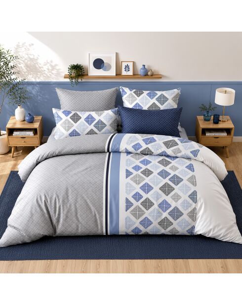 Parure housse de couette avec 2 taies d'oreiller en percale de coton Bluance blanc/bleu gris