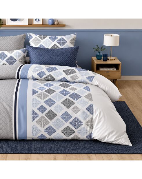 Bluance, set copripiumino in percalle di cotone bianco/blu grigio con 2 federe