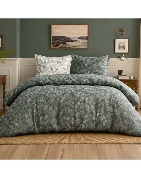 Parure housse de couette avec 2 taies d'oreiller en percale de coton emeride vert sauge