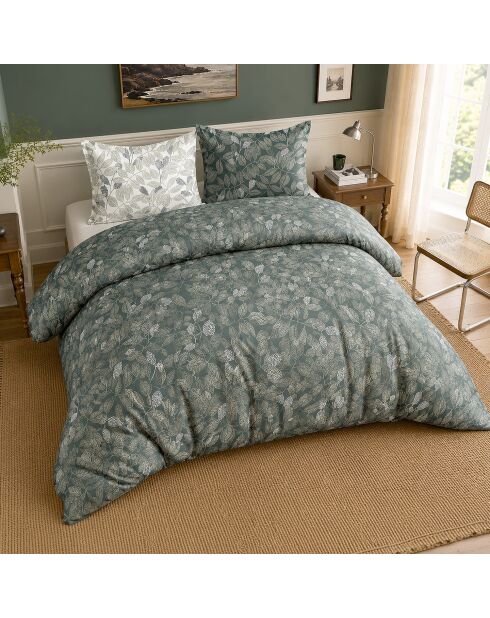 Parure housse de couette avec 2 taies d'oreiller en percale de coton emeride vert sauge