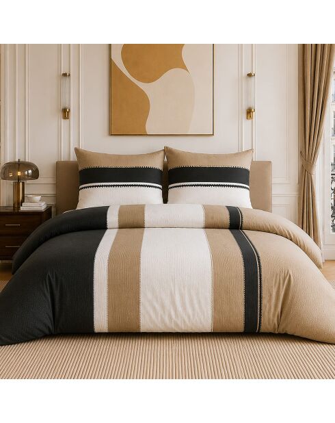 Parure de couette + 2 taies d’oreiller 100% percale de coton sahel beige marron/noir
