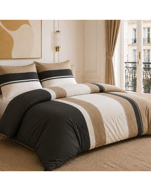 Parure de couette + 2 taies d’oreiller 100% percale de coton sahel beige marron/noir