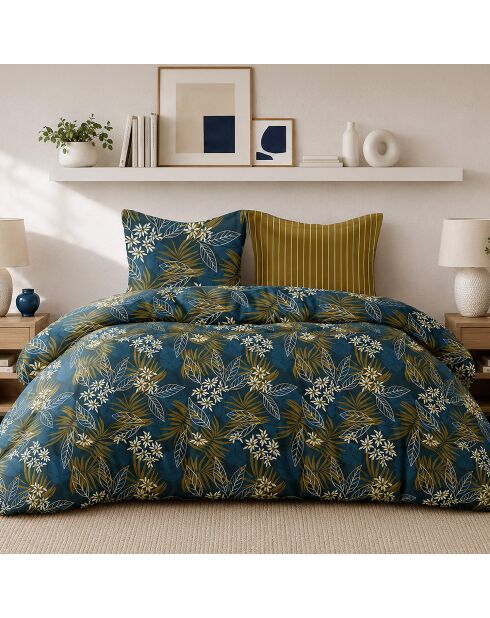 Parure de couette + 2 taies d’oreiller 100% percale de coton Florilege bleu pétrole/doré
