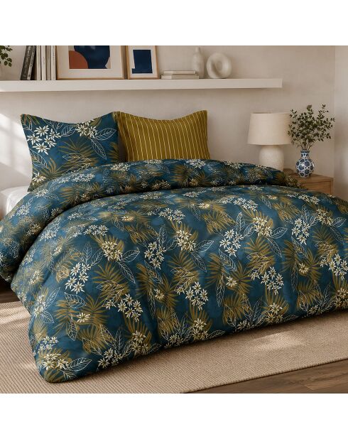Parure de couette + 2 taies d’oreiller 100% percale de coton Florilege bleu pétrole/doré
