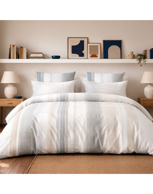 Parure de couette + 2 taies d’oreiller 100% percale de coton nebuleuse blanc/bleu/gris