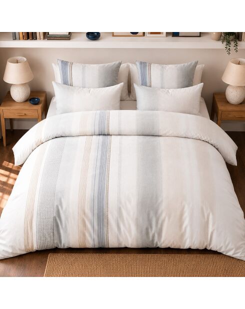 Parure de couette + 2 taies d’oreiller 100% percale de coton nebuleuse blanc/bleu/gris