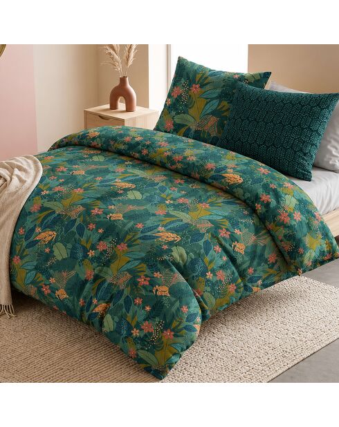 Parure housse de couette avec 2 taies d'oreiller en percale de coton zelya vert émeraude