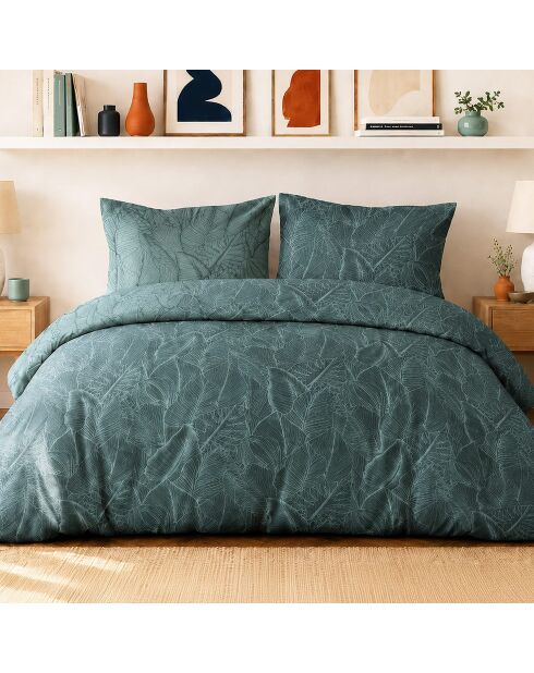 Parure housse de couette avec 2 taies d'oreiller en percale de coton sylvae bleu pétrole