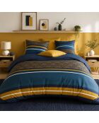 Parure de couette + 2 taies d’oreiller 100% percale de coton noxor bleu/ocre doré