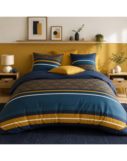 Parure de couette + 2 taies d’oreiller 100% percale de coton noxor bleu/ocre doré