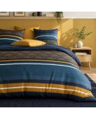 Parure de couette + 2 taies d’oreiller 100% percale de coton noxor bleu/ocre doré
