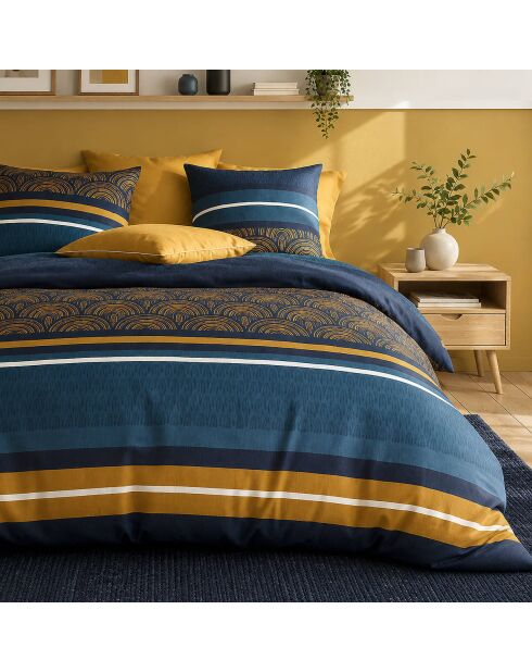 Parure de couette + 2 taies d’oreiller 100% percale de coton noxor bleu/ocre doré