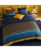 Parure de couette + 2 taies d’oreiller 100% percale de coton noxor bleu/ocre doré