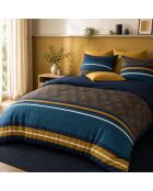 Parure de couette + 2 taies d’oreiller 100% percale de coton noxor bleu/ocre doré