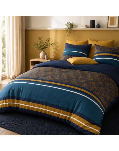 Parure de couette + 2 taies d’oreiller 100% percale de coton noxor bleu/ocre doré