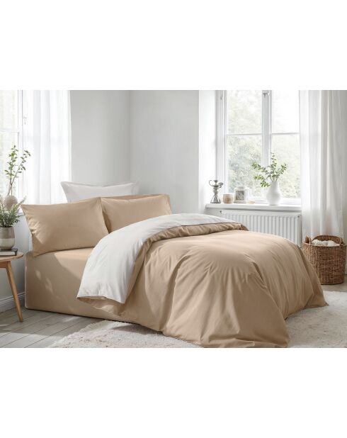 Parure housse de couette en coton ranforcé beige et blanche - 140 x 200 cm