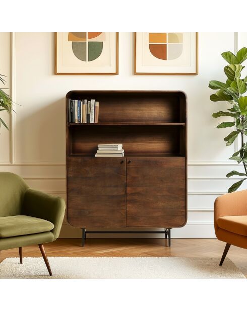 Enfilade haute 2 portes Alix design bois foncé et métal noir - 110 x 40 x 137.5 cm
