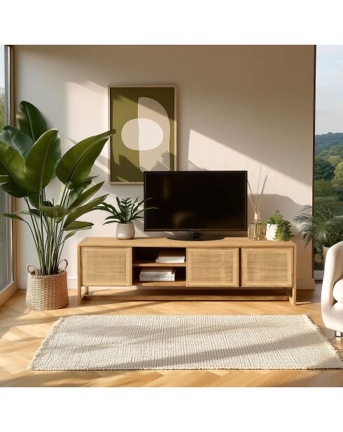 Meuble TV 3 portes 2 niches en bois de mindi Amy naturel - 180 x 40 x 51 cm