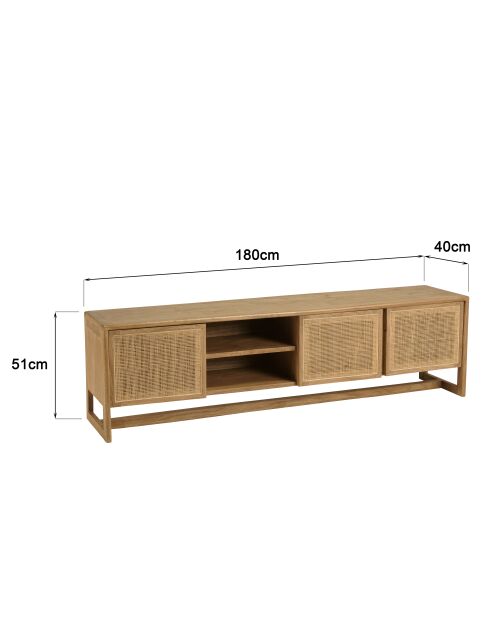 Meuble TV 3 portes 2 niches en bois de mindi Amy naturel - 180 x 40 x 51 cm