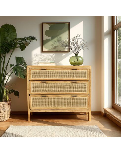 Commode 3 tiroirs en bois de mindi Amy naturel - 100 x 45 x 85.5 cm