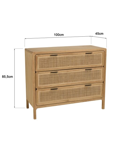 Commode 3 tiroirs en bois de mindi Amy naturel - 100 x 45 x 85.5 cm