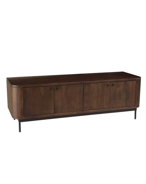 Meuble TV 4 portes Alix design bois foncé et métal noir - 150 x 50 x 50 cm