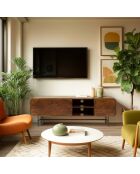 Meuble TV 3 portes Alix design bois foncé et métal noir - 170 x 40 x 53 cm