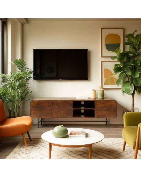 Meuble TV 3 portes Alix design bois foncé et métal noir - 170 x 40 x 53 cm