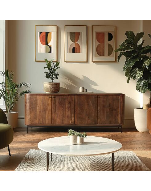 Buffet 4 portes Alix design bois foncé et métal noir - 180 x 45 x 75 cm