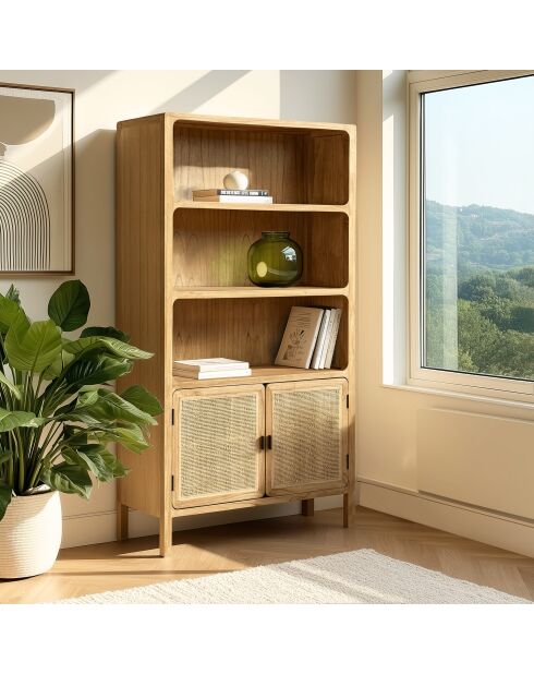 Bibliothèque 2 portes 3 étagères en bois de mindi Amy naturel - 97.5 x 40 x 180.5 cm