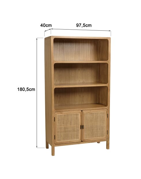 Bibliothèque 2 portes 3 étagères en bois de mindi Amy naturel - 97.5 x 40 x 180.5 cm
