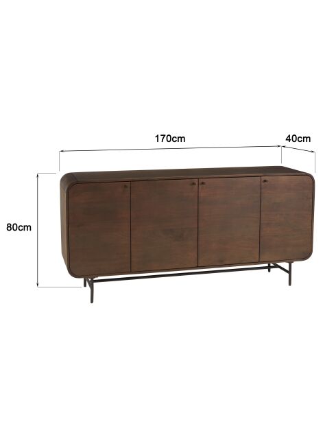 Buffet 4 portes Alix design bois foncé et métal noir - 170 x 40 x 80 cm