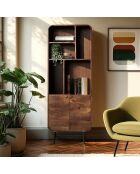 Bibliothèque 2 portes Alix design bois foncé et métal noir - 60 x 30 x 160 cm