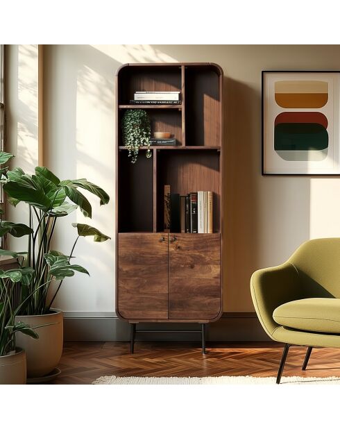 Bibliothèque 2 portes Alix design bois foncé et métal noir - 60 x 30 x 160 cm