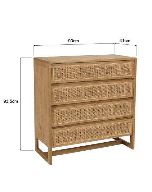 Cassettiera Amy Natural Mindi in legno con 4 cassetti, 90 x 41 x 93,5 cm