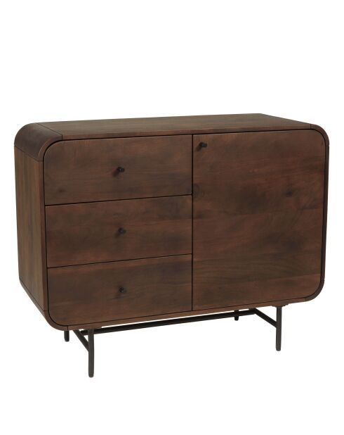 Buffet 1 porte 3 tiroirs Alix design bois foncé et métal noir - 100 x 40 x 80 cm