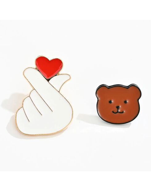 Lot de 2 pin's Coeur et Ours - Multicolore