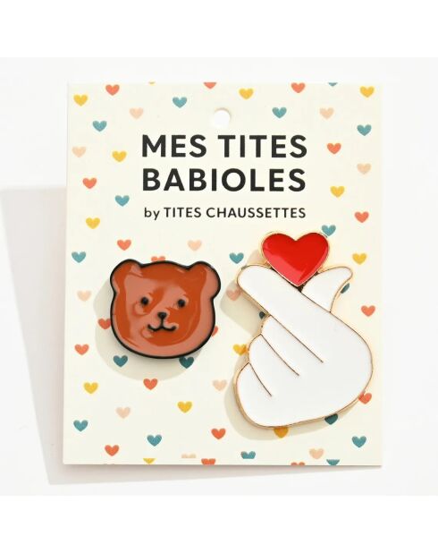 Lot de 2 pin's Coeur et Ours - Multicolore