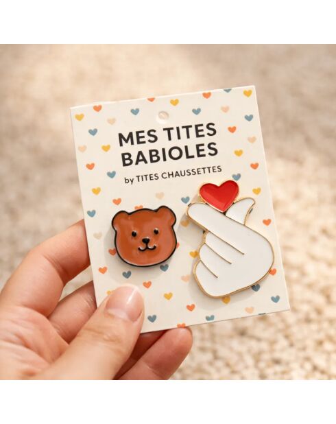 Lot de 2 pin's Coeur et Ours - Multicolore