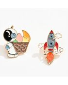 Lot de 2 pin's Fusée et Astronaute - Multicolore