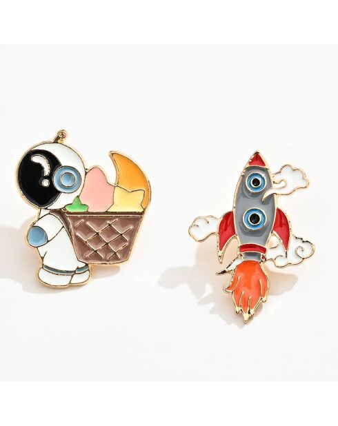 Lot de 2 pin's Fusée et Astronaute - Multicolore