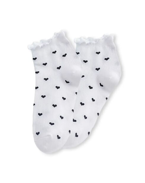 Chaussettes Petits Cœurs & Volant - Blanc/Noir
