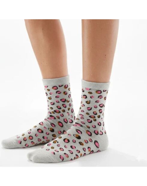 Chaussettes Hautes Coeur Léopard & Lurex - Blanc
